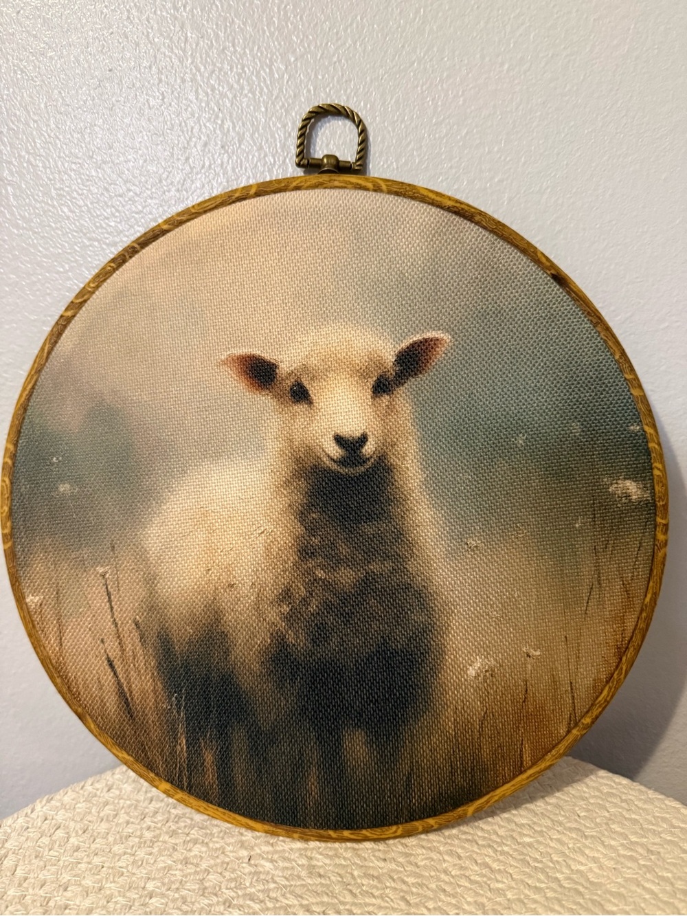 Sheep Portrait Round Wall Art in Cream and Brown